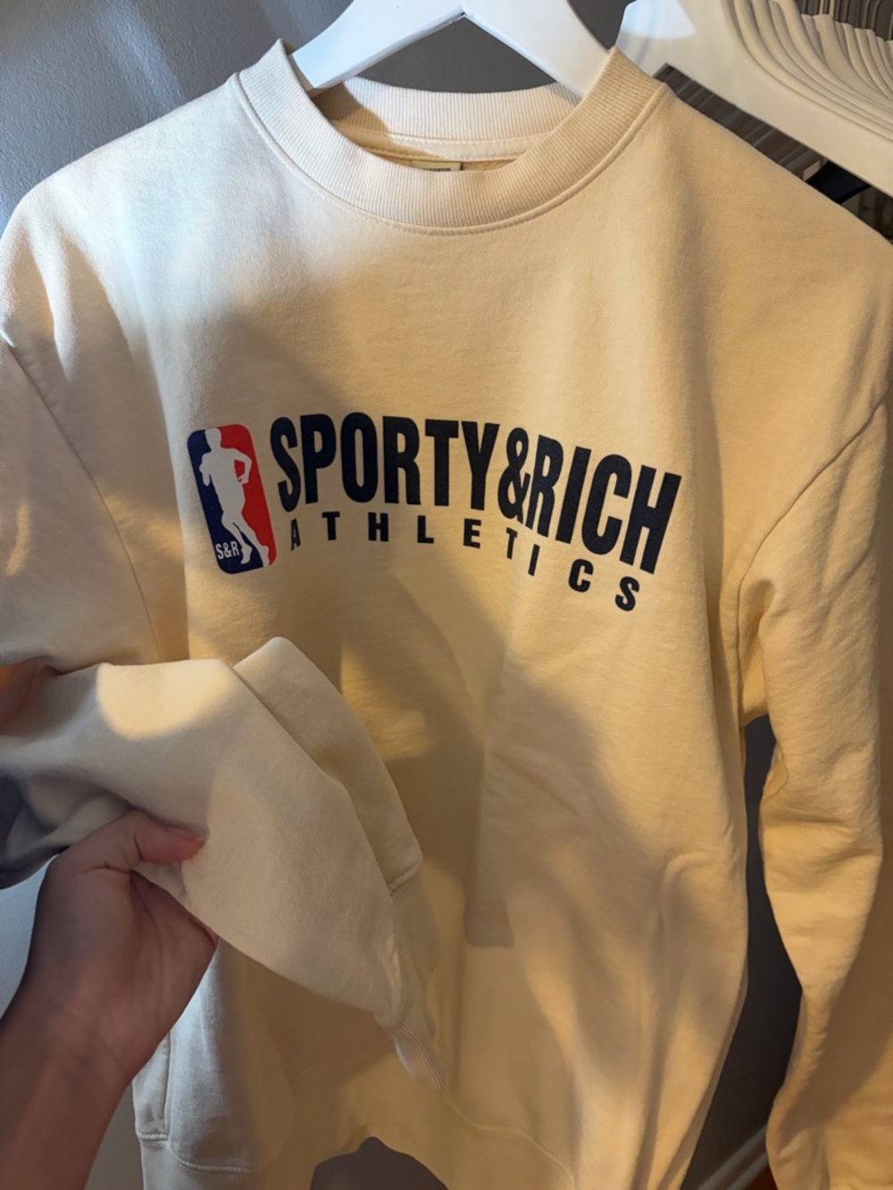 Sporty & Rich Cream Crewneck with Navy Logo - Picture 6 of 7